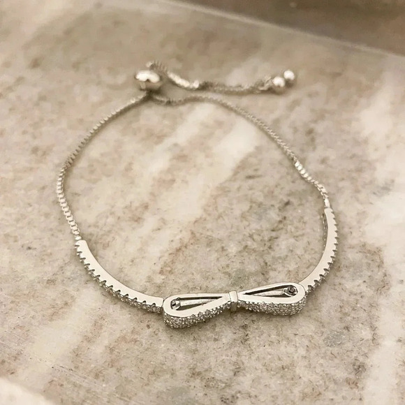 925 Sterling Silver Diamond Bow Bracelet Toggle Dainty Box Chain Bracelet - Picture 2 of 5